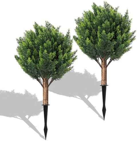 24''Artificial Cedar Topiary Ball Trees for Outdoor,2 Pack Greenery Cypress Tree Plants with Ground Spike,UV Resistant Faux Pine Bushes Shrubs for Garden,Porch,Front,Patio
