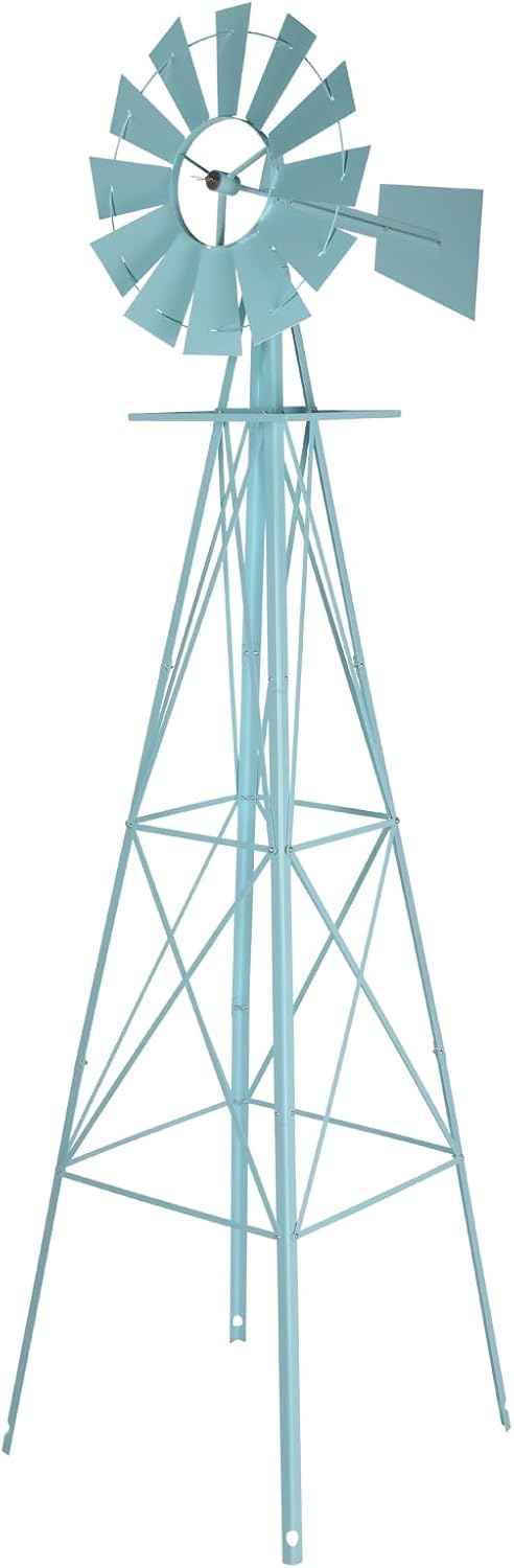 VINGLI 8FT Ornamental Windmill Backyard Garden Decoration Weather Vane, Heavy Duty Metal Wind Mill w/ 4 Legs Design,Light Blue
