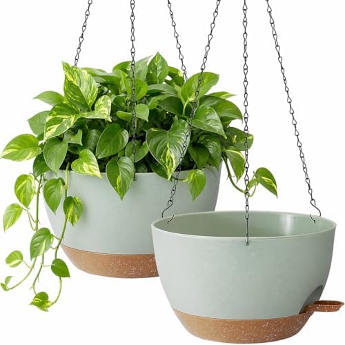 TYMENSH Hanging Plant Pots 12 Inch Set of 2, Self Watering Hanging Planters with Drainage Holes, Removable Saucer, Durable Plastic Flower Pots with Chains for Indoor Outdoor Plants, Green