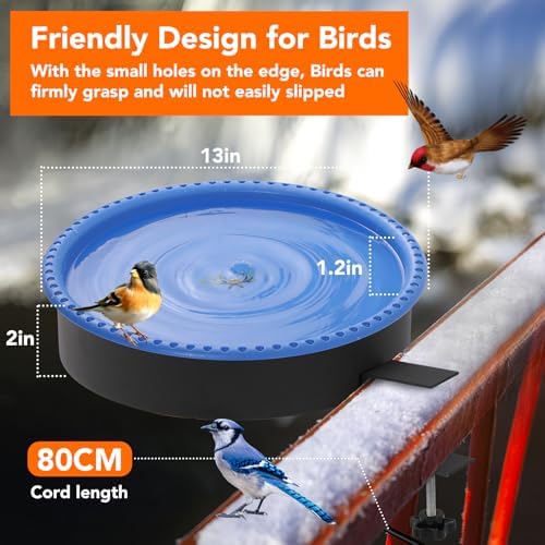 Yiabivo 2 in 1 Heated Bird Bath for Outdoors for Winter,75W Bird Bath Heater with Thermostatically Controlled，Heated Bird Bath for Deck Railing for All Seasons Outdoor Garden Yard Patio Lawn(Blue)