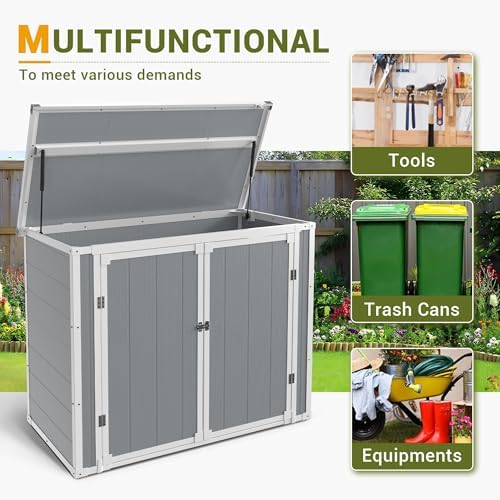 41 Cu.Ft Storage Shed Outdoor Horizontal Resin Shed Plastic Garden Shed with Floor Waterproof Storage Deck Box Outside Storage Container with Lockable Door for Patio (Light Grey)
