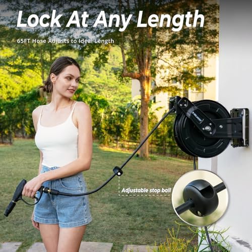 Relhost Pressure Washer Hose Reel, 65 ft x 1/4 inch Retractable Power