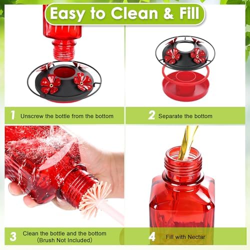 20oz Glass Hummingbird Feeder for Outdoors Hanging, Bird Nectar Feeder with 4 Bee Guard Flower-Shaped Feeding Ports & Built-in Ant Moat, for Bird Lover, Red (2 Pack)