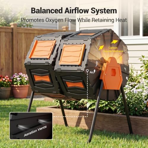 Composter Tumbler Outdoor, 45Gal Dual Chamber Batch Rotating Compost
