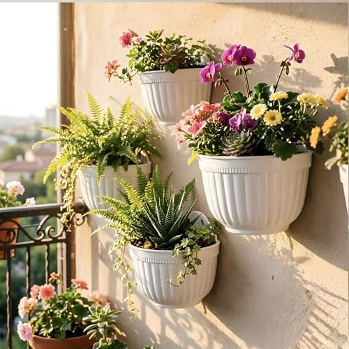 8 Pack Resin Wall Hanging Planter Pots Vertical Garden Living Wall Mount Window Hang Indoor Outdoor Plant Flower Basket for Kitchen Herbs Balcony Railing Shelf Fence Bedroom Trellis Decor Modern White