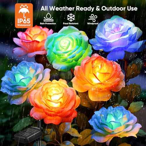 Solar Flower Lights Rose Decor: 6 Pack Solar Garden Lights Outdoor | Color Changing, Auto on off for 12-15h Lighting, IP65 Weatherproof, High-Efficiency Solar Panel for Yard Pathway Patio Decor