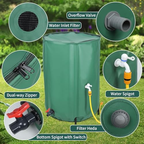 100 Gallon Collapsible Rain Barrel, Large Garden Water Storage Tank, Portable Folding Rainwater Collector, Water Catcher with Filter Overflow Kit Faucet