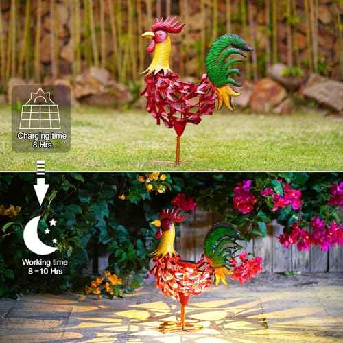 Solar Rooster Statue Garden Decor - 21.7 Inch Yard Decor & Perfect Rooster Gifts for Women, Outdoor/Indoor Red Rooster Decor - Stylish Metal Design (Rooster)