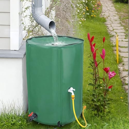 Collapsible Rain Barrel, 100 Gallon Portable Water Storage Tank, Foldable Rainwater Collector System, Outdoor Garden Water Catcher Drum, Dual Spigots Container with Overflow Kit & Filter Green