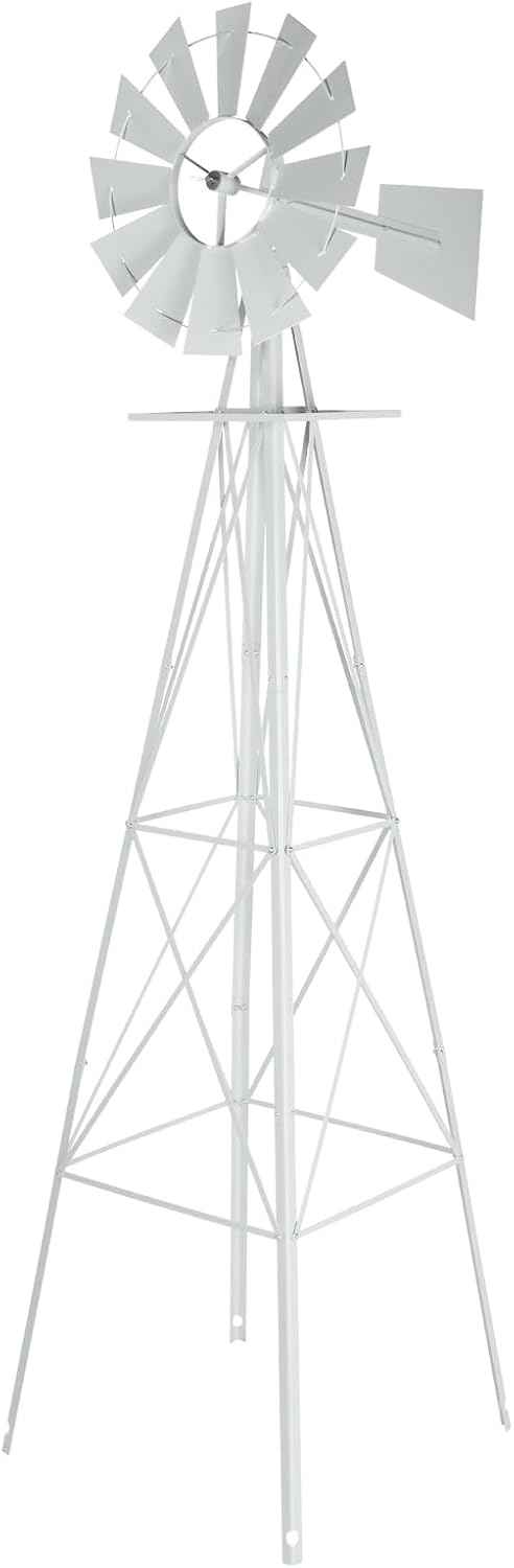 VINGLI 8FT Ornamental Windmill Backyard Garden Decoration Weather Vane, Heavy Duty Metal Wind Mill w/ 4 Legs Design,White