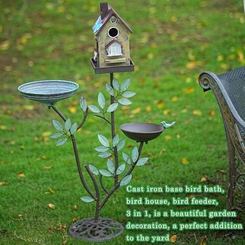 Cast Iron Pedestal Bird Baths for Outdoors，Metal Bird Bath and Bird House