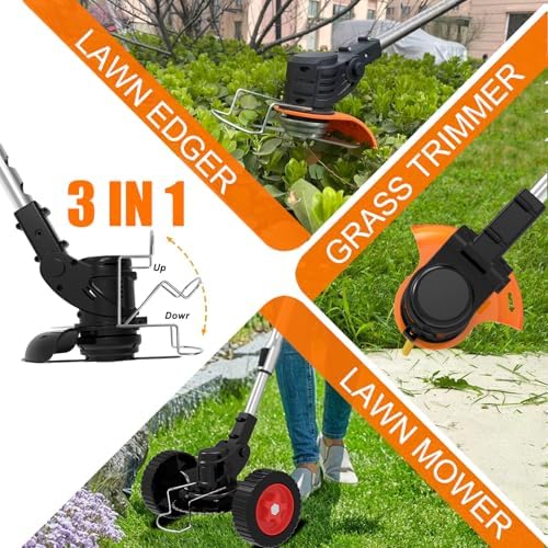 Electric Weed Wacker, Cordless Weed Eater Battery Powered, 21V No String Trimmer with Wheels & Metal Blades, Lightweight Grass Trimmer/Brush Cutter/Lawn Edger, Stringless Weed Trimmer for Yard Garden