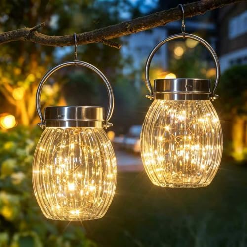 2 Pack 9.3 Inch Solar Hanging Glass Globe Lanterns Outdoor Waterproof