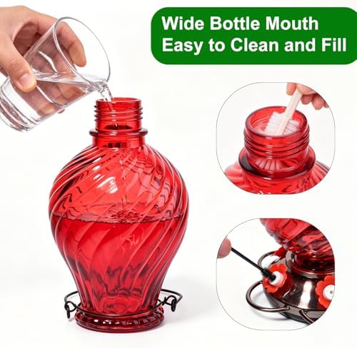 32oz Large Glass Hummingbird Feeders for Outdoors Hanging,Large Capacity Red Hummingbird Feeder with Built-in Ant Moat,Glass Humming Bird Feeder,Gifts for Mom Dad,Outside Garden Décor