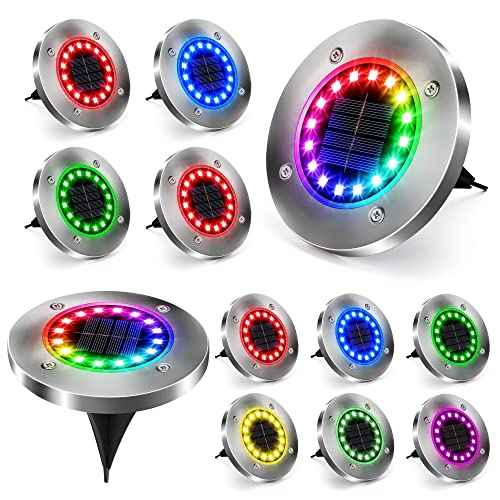 Brizled Solar Ground Lights 12 Pack 16 LED Color Changing Outdoor Lights | Multicolor Landscape Lighting; Inground Disk Light, Waterproof Disc Puck Light for Outside Yard Lawn Garden Pathway Walkway