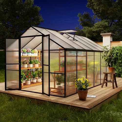 8 x 12 FT Outdoor Greenhouse, Heavy-Duty Polycarbonate Greenhouse with Aluminum Frame, Lockable Door, Adjustable Roof Vent, Walk-in Green House for Backyard, Garden, Patio