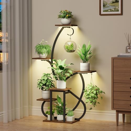 Metal Curved Shaped 6 Tier Corner Plant Stand with Grow Lights, 47"