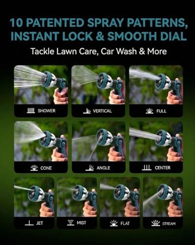Garden Hose Nozzle Heavy Duty, Metal Water Hose Sprayer with 10 Adjustable Spray Patterns, Thumb Control On Off Valve, High Pressure Hose Nozzle for Watering, Cleaning, Car Washing & Pet Shower