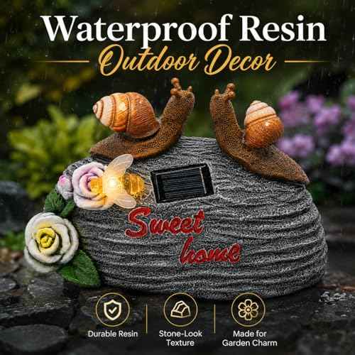 Solar Garden Snail Statue with Sweet Home Sign, Cute Resin Snail Outdoor Decorations with Bee Light for Patio Yard Lawn Porch, Housewarming Gifts for Mom Women