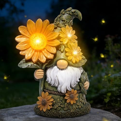 basen Solar Garden Gnome with Glowing Daisy Flower, Outdoor Solar Gnome Figurine for Yard Lawn Patio, Hand-Painted Resin Garden Statue Decor with LED Light for Landscape, Garden Gift for Mom Grandma