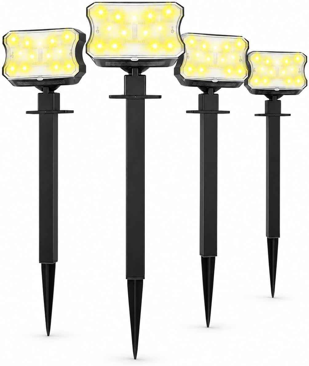 Solar Lights Outdoor, 4 Pack Solar Spot Lights with 60 LEDs, 3 Lighting Modes, Warm White Solar Landscape Lights, IP67 Waterproof Outdoor Lights for Yard, Garden, Pathway, Lawn