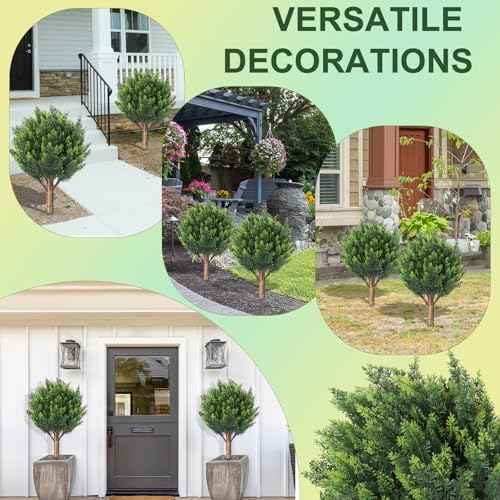 24''Artificial Cedar Topiary Ball Trees for Outdoor,2 Pack Greenery Cypress Tree Plants with Ground Spike,UV Resistant Faux Pine Bushes Shrubs for Garden,Porch,Front,Patio