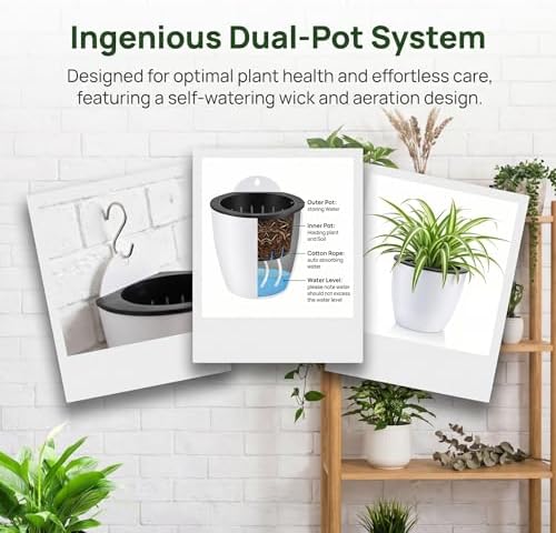 Jucoan 9 Pack Self Watering Wall Hanging Planters Pots for Indoor Plant, 5 Inch White Plastic Lazy Flower Pot with 9 Hooks for Garden Fence, Porch, Wall