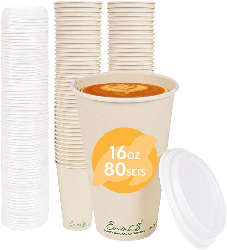 Earth's Natural Alternative 100% Compostable Disposable Coffee Cups with Lids [16oz 80 Set] Paper Cups Made from Unbleached Bamboo Fiber, Compostable Lids, To Go Coffee Cups with Lids