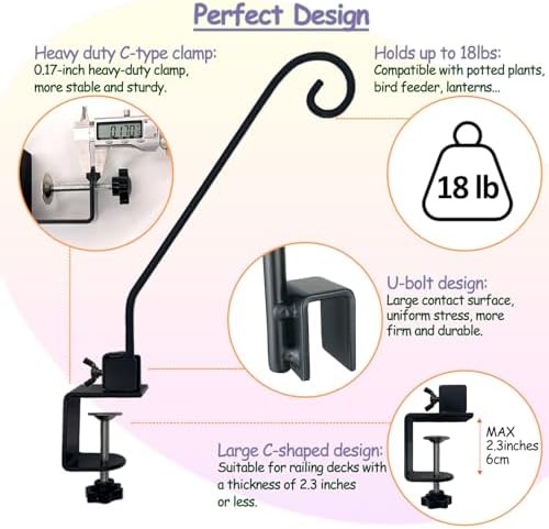 Heavy Duty Deck Hook,Courtyard Decoration,Pole 16.5”Long Metal Deck Railing Hooks for Hanging Bird Feeders,Planters,Suet Baskets,Lanterns,Wind Chimes,Clamp Mounted,Under 18 LBS(2 Pack)