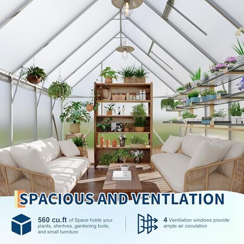 8x10 FT Greenhouse for Outdoors, Polycarbonate Greenhouse with Roof Vent, Lockable Door, Aluminum Walk-in Green Houses for Outside Garden Backyard, Sliver