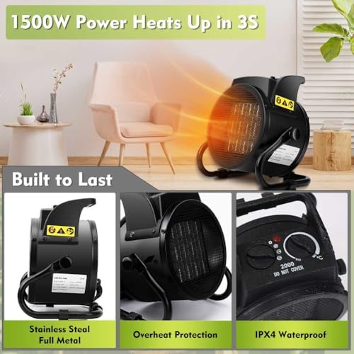 Greenhouse Heater with Thermostat, 1500W Electric Heater Auto Temperature Control Kit Digital Display, Fast Heating, Overheat Protection, for Grow Tent, Greenhouse, Flower Room, Winter Plants, Patio