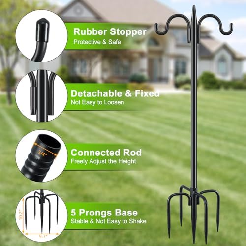 Gtongoko Bird Feeder Pole for Outdoors Heavy Duty, 92 Inch Double Shepherds Hook with 5-Prong Stable Base, 3/4 Inch Thick Hummingbird Feeder Stand for Hanging Plants, Lanterns, 1 Pack