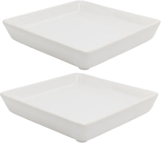 Square Plant Saucer 4 Inch 2 Pack，Plant Trays for Pots, White Ceramic Plant Saucers for Indoors Outdoors, Plant Drip tray 4 6 8 10 12 14 Inch