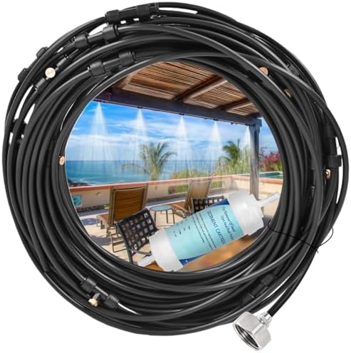 75FT Misters for Outside Patio – Outdoor Misting Cooling System with 20 Brass Nozzles, 3/4" Adapter & Water Filter, Upgraded Pre-Assembled, Large Area Cooling for Garden, Patio, Pool, Backyard