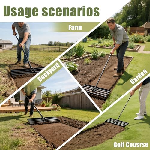Lawn Leveling Rake, 30" x 10" Stainless Steel Head, Ergonomic Bent