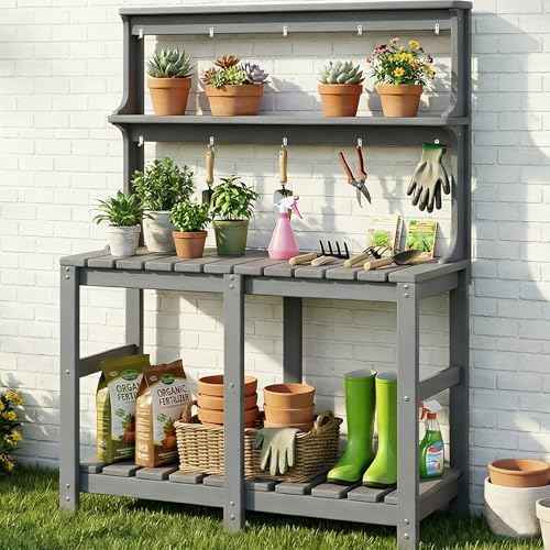 Outdoor Potting Bench with 3 Tier, All-Weather Patio Potting Table with Tool Hooks, HDPE Gardening Table for Backyard, Garden, Grey