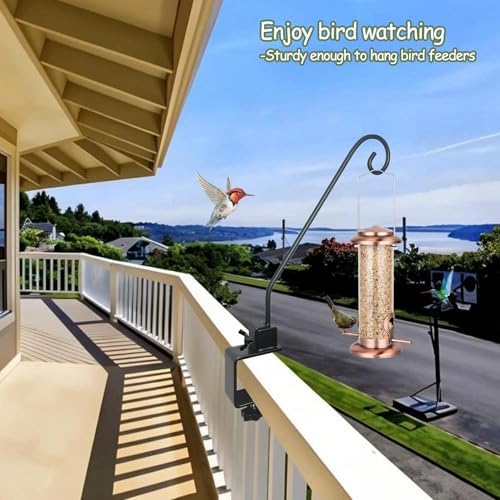 Heavy Duty Deck Hook,Courtyard Decoration,Pole 16.5”Long Metal Deck Railing Hooks for Hanging Bird Feeders,Planters,Suet Baskets,Lanterns,Wind Chimes,Clamp Mounted,Under 18 LBS(2 Pack)