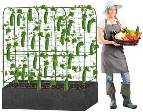 GENMOUS Garden Trellis for Climbing Plants, Cucumber Trellis with Grow Bag, 65 X 50 Inch Large Metal Trellis for Climbing Raised Bed Vegetable Outdoor