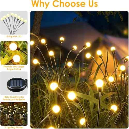Solar Garden Lights Outdoor 8 Pack 64 LED Solar Firefly Lights Warm White | Auto ON/OFF, 2 Modes, Swaying with Wind, IP65 Waterproof Fairy Lights for Outside Yard, Path, Patio, Lawn, Flower Bed Decor