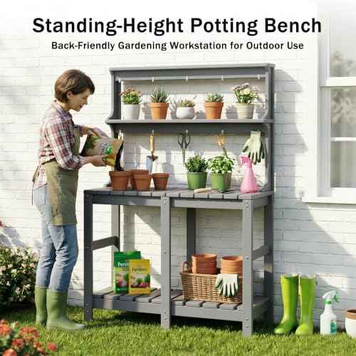 Outdoor Potting Bench with 3 Tier, All-Weather Patio Potting Table with Tool Hooks, HDPE Gardening Table for Backyard, Garden, Grey
