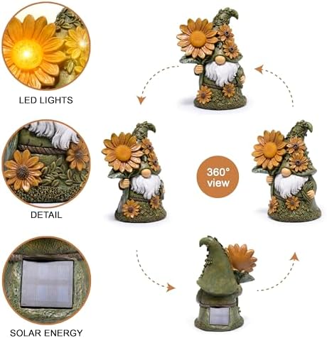 basen Solar Garden Gnome with Glowing Daisy Flower, Outdoor Solar Gnome Figurine for Yard Lawn Patio, Hand-Painted Resin Garden Statue Decor with LED Light for Landscape, Garden Gift for Mom Grandma