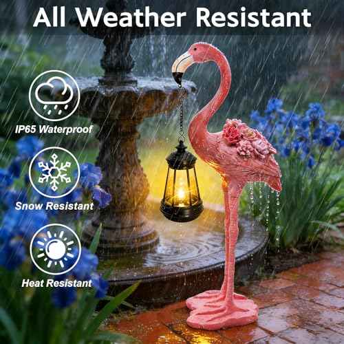 Flamingo Solar Garden Statue, 18.9 Inch Flamingo Figurine with Hanging Solar Lanterns, Outdoor Garden Decor Tropical Sculpture Statues for Patio Yard Porch, Birthday Gifts for Mom Women Mother's Day