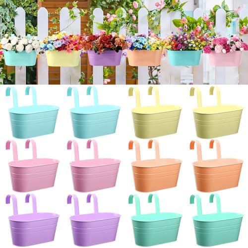 12 Pack Hanging Flower Pot Colorful Metal Iron Bucket Fence Hanging