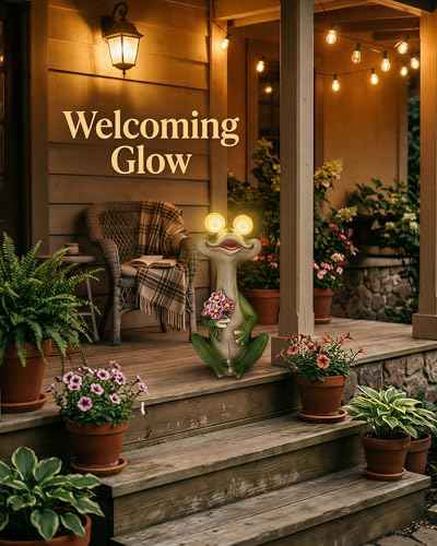 Solar Frog Garden Statue with Blinking Light-Up Eyes, Resin Outdoor Garden Decor Frog Holding Flowers, Waterproof Animal Figurine for Patio Lawn Yard Porch Balcony (Green)