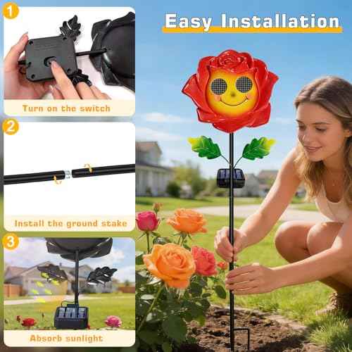 Solar Garden Light Waterproof Smile Rose Decor with Moving Eyes | Iron construction, for garden yard patio, solar powered, animated moving eyes smile, gift for mom grandma,Christmas decor