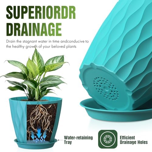 8 Inch Plant Pots 4 Pack Plastic Planters with Drainage & Saucers