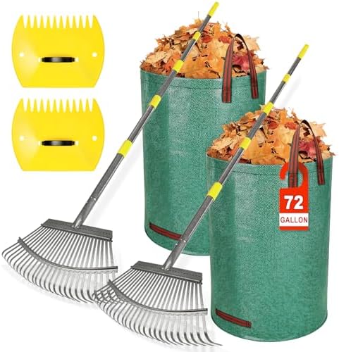 2 Pack Garden Rake for Leaves: 18" Wide Heavy Duty Rakes for Lawns with 72 Gallon Leaf Bags and Scoops, Metal Leaf Rake Set with73 Adjustable Long Handle 25 Tines for Yard, Garden, Lawn