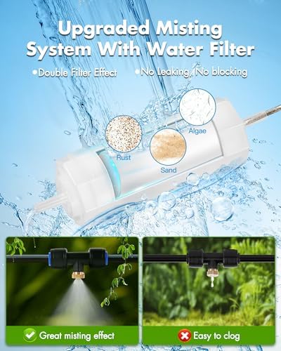 Misters for Outside Patio with Water Filter - 59Ft(18M) Misting system Line 20 Brass Mist Nozzles Brass Adapter(3/4") Patio Misters for Cooling Outdoor Greenhouse Backyard Porch Garden BBQ Party Pool