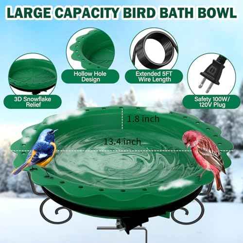 Heated Bird Bath for Deck Railing, Powerful 100W Thermostatically Controlled Heated Bird Baths for Outdoors for Winter, Heated Birdbath Water Heater for Outside Garden Yard Patio Lawn (Green)