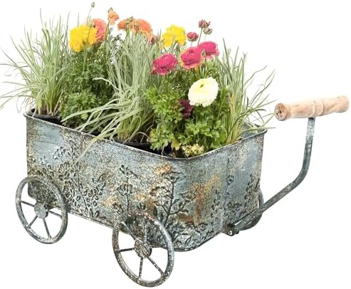 Vintage Flower Cart with Wooden Handles Metal Wagon Planter Blue